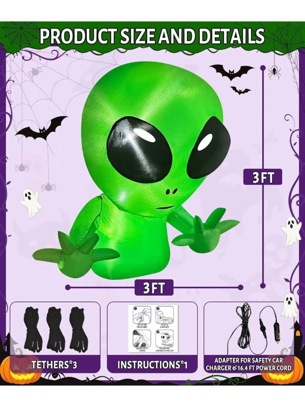 3 Ft Inflatable Alien Halloween Decoration with LEDs for Trunk or Treat & Yard